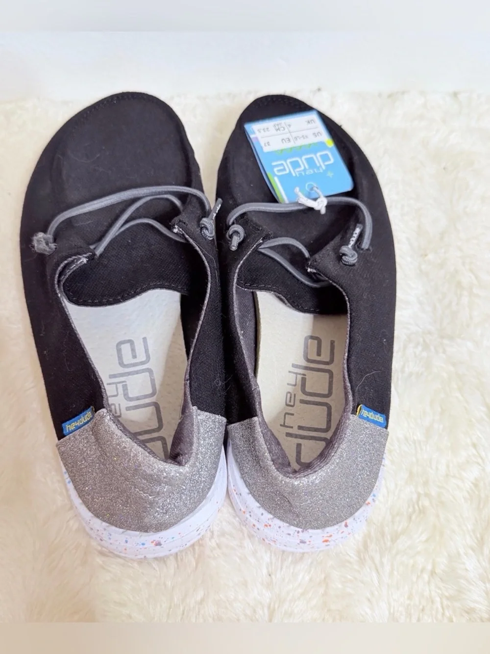 Hey Dude Wendy Black Canvas Slip-On with Glitter Heel Youth 5-6 new with tags!